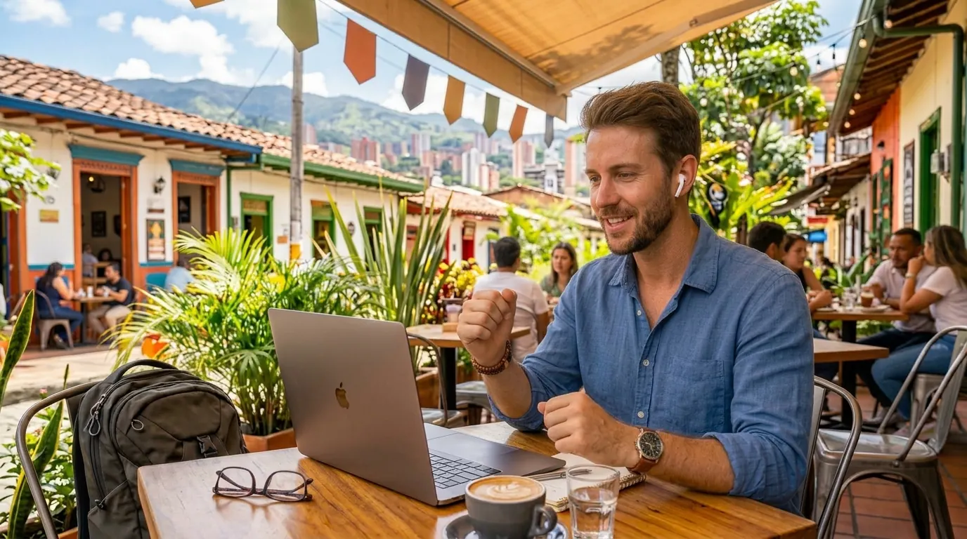 Person on a video call speaking Spanish confidently from a cafe in Medellin
