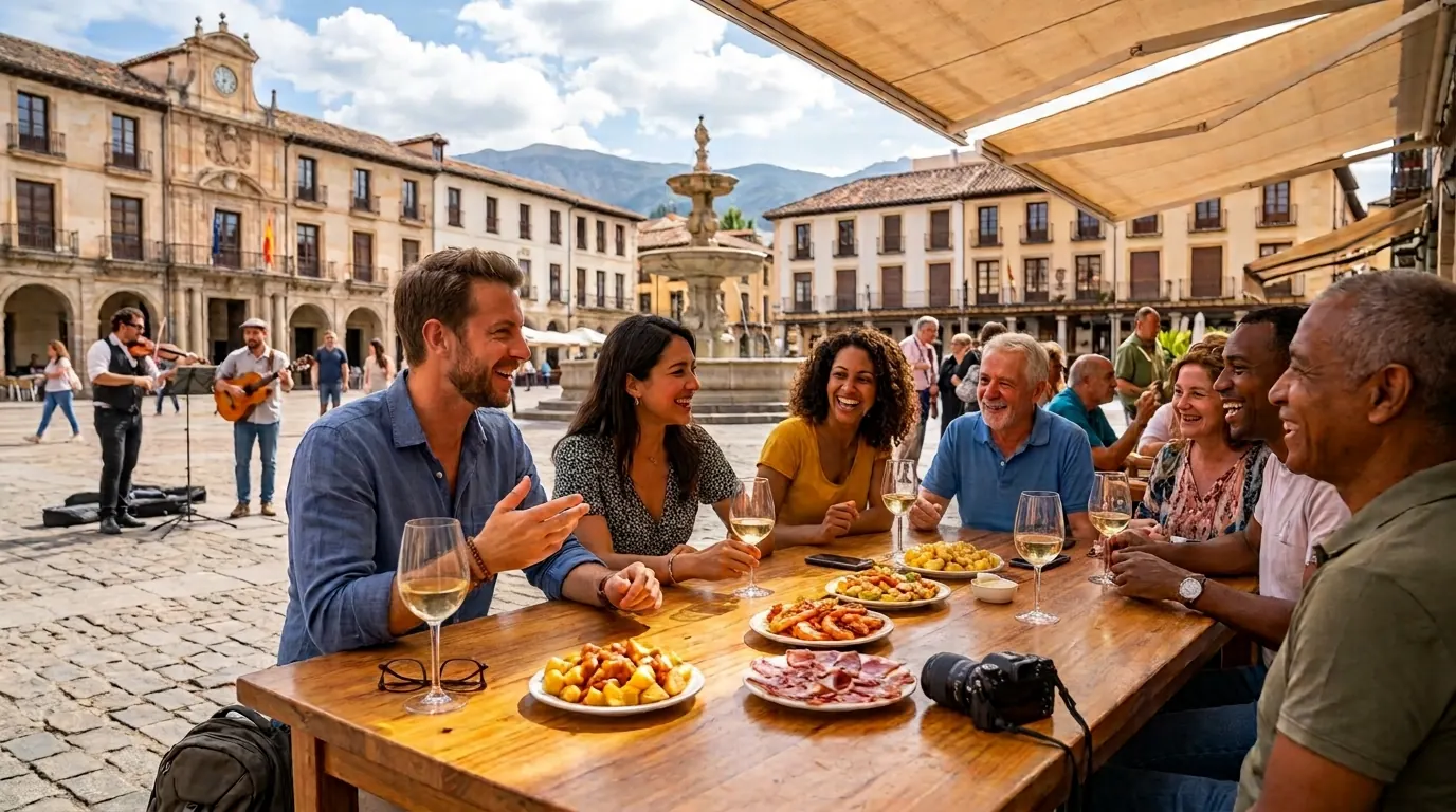 Friends speaking confidently together at an outdoor table in a Spanish plaza